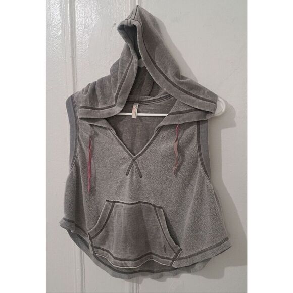 Free People Movement Womens Small Meadowbrook Taupe Burnout SOFT CROP Hoodie Top - Picture 1 of 9